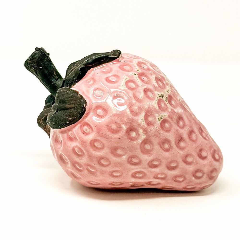 Vintage Majolica Ceramic Strawberry Figurine Pink Fruit Cottage Decor